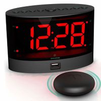 Alarm Clock with Wireless Bed Shaker, Vibrating Dual for Heavy Sleepers, Deaf and Hearing-impaired, Adjustable Volume/Dimmer/Wake up, USB Charger