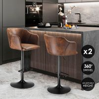 2pcs Bar Stool Set Kitchen Island Dining Chairs Breakfast Counter Pub Modern Swivel Tall Backrest Armrests Brown Height Adjustable Metal PU Leather