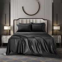 4 Piece Satin Bedding Sheet Pillowcase Sets Luxury Rich Silk Silky Super Soft Solid Color Reversible  Stain-Resistant Wrinkle Free (Black)