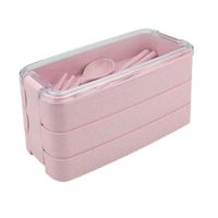 Three Layer Bento Food Storage Container Spoon Fork Chopsticks Lunch Box Set Color Pink