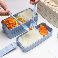 Three Layer Bento Food Storage Container Spoon Fork Chopsticks Lunch Box Set Color Blue