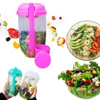 Portable Salad Shaker With Fork And Salad Dressing Holder Health Salad Container For Picnic, Portable Vegetable Breakfast To Take Away (Pink)