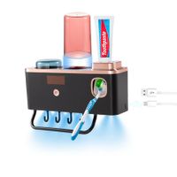 UV Toothbrush Holder with Toothpaste Squeezer Wall Mounted for Bathroom USB Rechargeable with UVC LED Light-2 Cups