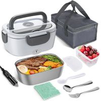 Electric Lunch Box Food Heater,60W Electric Heating Lunch Boxes Lunch for Car/Men/Adults/Home/Work,1.5L Removable 304 Stainless Steel Container,2200V/12V/24V,with Fork & Spoon (grey white)