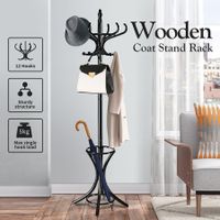 Coat Rack Stand Wooden Clothes Hat Hanger 12 Hooks Umbrella Hall Tree Garment Organiser Storage Walnut Black
