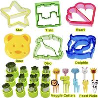 Sandwich Cutters for Kids, 28-Piece Set, 5 plastic sandwich mold, 1bear bread mold, 1large fruit cutter, 11small fruit cutter, 10 cartoon fruit fork