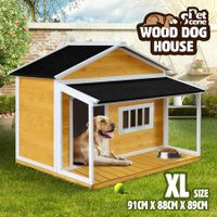 Dog House Kennel Raised Wooden Puppy Pet Shelter Home Outdoor Inside with Porch Window Door Asphalt Roof XL