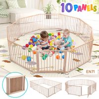 10 Panels Baby Playpen Fence Pen Safety Gate Activity Centre Pet Dog Cat Enclosure Barrier Playground Pine Wood Portable Play Room