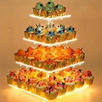 4 Tier Cupcake Stand Acrylic Tower Display with LED Light Premium Holder Dessert Tree Tower for Birthday Cady Bar Décor Weddings,Parties Events (Yellow Light)