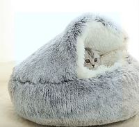 Round Plush Fluffy Hooded Cat Bed Cave, Cozy for Indoor Cats or Small Dog beds, Soothing Calm Anti-nxiety Bed Waterproof Bottom Washable (50cm, Grey)