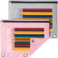 Pencil Pouch for 3 Ring Binder,Binder Pencil Pouch with Clear Window Pencil Bags with Zipper & Reinforced Grommets,Pencil Case for Binder (2 Pack Pink & Grey)