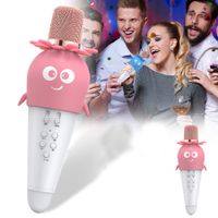 Microphone with Bluetooth Speaker  Flower Carrot Karaoke for Children Gift LED Voice Modulation Pairing with Smartphone Color Pink