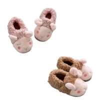 2Pairs 17cm Fuzzy Socks Slippers Thickened Indoor Cotton Shoes Wool Anti-Slip Warm Kids For 1-8 Year Col.Pink+Brown
