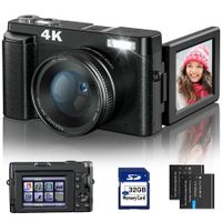 4K Digital Camera for Photography and Video Autofocus Anti-Shake,48MP Vlogging Camera with SD Card,3" Flip Screen Compact Camera with Flash,16X Digital Zoom Travel Camera (2 Batteries)