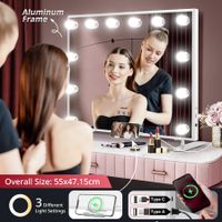 Maxkon Hollywood Makeup Mirror Vanity 12 LED Lighted Desk Wall Mounted Dimmable Lights Dressing Table Touch USB Phone Holder Aluminium