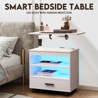 Smart Bedside Table LED End Desk Adjustable Night Stand Rotatable Laptop Workstation Bedroom Drawer Human Induction White