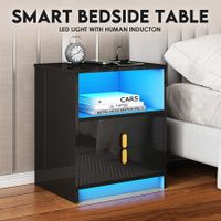 Smart Bedside Table LED Night Stand Shelving Desk Modern Room Organiser With Shelf Drawers Storage High Gloss Black