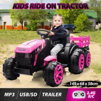 Kids Electric Off Road Ride On Toy Tractor Trailer Parental Remote Control Pink 12V Battery MP3 Safety Belt LED Light
