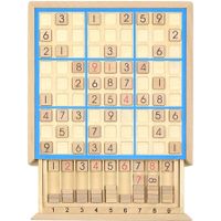 Wooden Sudoku Board Game with Drawer, 81 Grids Number Place Wood Puzzle for Kids and Adults (Blue Line)