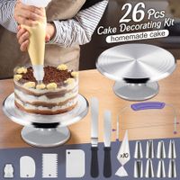 30cm Cake Turntable Stand 26Pcs Decorating Kit Supplies Baking Tools Rotating Stand Icing Piping Nozzle Spatula Cutter Pastry Bag Scraper Aluminium