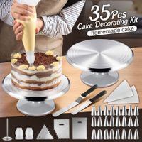 30cm Cake Turntable 35Pcs Decorating Supplies Kit Rotating Stand Baking Tools Aluminium Piping Tip Icing Spatula Pastry Bag Flower Nail