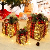 Set of 3 Christmas Rattan Lighted Gift Boxes,60 LED Christmas Box Decorations,Presents Boxes with Ribbon Bows for Xmas Tree,Yard,Home,Indoor Outdoor Christmas Decorations (Rattan)