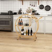 Bar Cart Wine Rack Drinks Bar Trolley Glass Holder Gold Cart Serving Glass Shelves Metal Frame Mobile Wheels Round