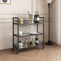 Bar Cart Wine Rack Drinks Trolley Glass Holder Bottle Storage Liquor Shelf Serving With Wheels Party Kitchen Black