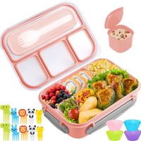 Bento Box for Kids, Lunch Box 4 Compartments (with Mini-Containers, Fruit Picks, Silicone Muffin Cup), Adult Leakproof Bento Lunch Box for School (Pink)