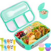 Bento Box for Kids, Lunch Box 4 Compartments (with Mini-Containers, Fruit Picks, Silicone Muffin Cup), Adult Leakproof Bento Lunch Box for School (Green)