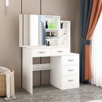 Dressing Table Vanity Mirror Dresser Makeup Desk With 3 Drawers 3 Storage Shelves Bedroom Furniture White Modern