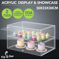 Cake Cabinet Display Cupcake Shelf 2 Tier Unit Acrylic Bakery Case Stand Muffin Donut Pastry Model Toy Showcase Countertop Flip-up Door 5mm