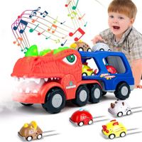 Dinosaur Truck Toys 9 in 1 Dinosaur Trucks 8 Pull Back Cars, Dinosaur Toy Trucks for Boys with Smoke, Sound & Light, Birthday Gift for kids