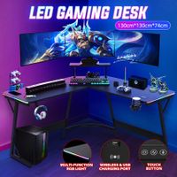 L Shaped Gaming Desk Corner Computer Table Gamers Office Racer Workstation LED RGB Black Carbon Fibre Wireless Charger USB