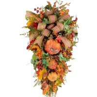 Wreath for Harvest Thanksgiving,Autumn Front Door Teardrop Wreath Artificial Floral Swag maple Leaves Wreath for Home Wedding Wall Decor