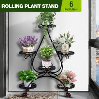 Flower Pot Plant Stand Planter Holder Display Shelf Outdoor Indoor Black Rack Trolley Balcony Garden Metal Shelving Unit with Wheels