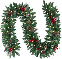 2.7M Christmas Garland with Pine Cones and Berries, Battery Operated Garland，Christmas Decoration for Xmas Holiday & Party
