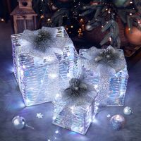 Set of 3 Gift Box Christmas Lights LED 3D Xmas Present Outdoor Indoor Holiday Party Decor Lighted Fairy Ornament Display Foldable 8 Flash Mode