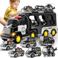 TEMI Police Truck Toys 7-in-1 Friction Power Emergency Vehicle Police Car Toy Carrier Truck Toys for Kids Ages 3+