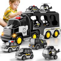 TEMI Police Truck Toys 5-in-1 Friction Power Emergency Vehicle Police Car Toy Carrier Truck Toys for Kids Ages 3+