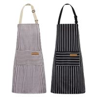 2 Pack Kitchen Cooking Aprons,Adjustable Bib Soft Chef Apron with 2 Pockets for Men Women (Black/Brown Stripes)