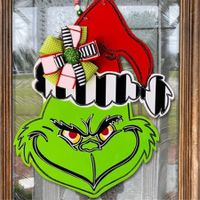 Christmas Decorations, Funny Grin-ch Welcome Sign for Front Door, Christmas Wreath Ornament, Wooden Porch Decor