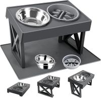 Elevated Dog Bowls with Mat 15°Tilted Adjustable Raised Stand with 1 Slow Feeder Dog Bowl & 2 Stainless Steel Dog Bowls for Dogs