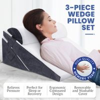 3 Piece Bed Wedge Pillow Set Neck Back Support Reading Sleeping Velvet Fabric Backrest Leg Elevation Cushion Grey