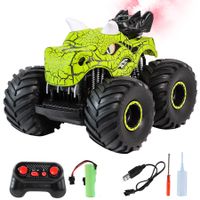 Remote Control Dinosaur Car 360° Rotating with Spray Light & Sound 2.4 GHz All Terrain Monster trucks Toys for Kids Ages 6+(Green)