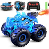 Remote Control Dinosaur Car 360° Rotating with Spray Light & Sound 2.4 GHz All Terrain Monster trucks Toys for Kids Ages 6+(Blue)