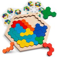 Wooden Hexagon Puzzle for Kids and Adults - Shape Pattern Block Tangram Brain Teaser Toy Geometry Logic IQ Game STEM Montessori Educational Gift-14 Pieces