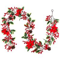 6FT Red Berry Christmas Garland with Pine Cones and Poinsettia, Artificial Berries Garland Poinsettia Christmas Decorations