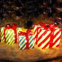 Set of 3 Lighted Gift PVC Boxes Christmas Decorations 60 LED Red Green and Blue Stripe Pre-lit Present Boxes, Christmas Home Gift Box Decorations