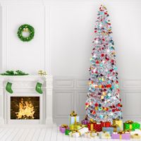 1.5m Christmas Tree Artificial Pop Up Collapsible Tinsel Christmas Tree Christmas Home Party Indoor Outdoor (Silver)